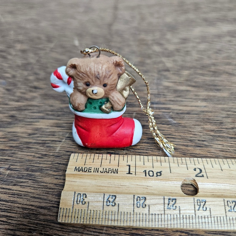 Vintage Russ Berrie Teddy Bear in Christmas Stocking Miniature Ornament 3690